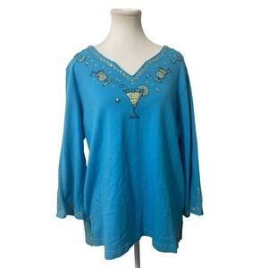 Quacker Factory  Blue Long Sleeve Sequins Martini V Neck Artsy‎ Boho Shirt Top L